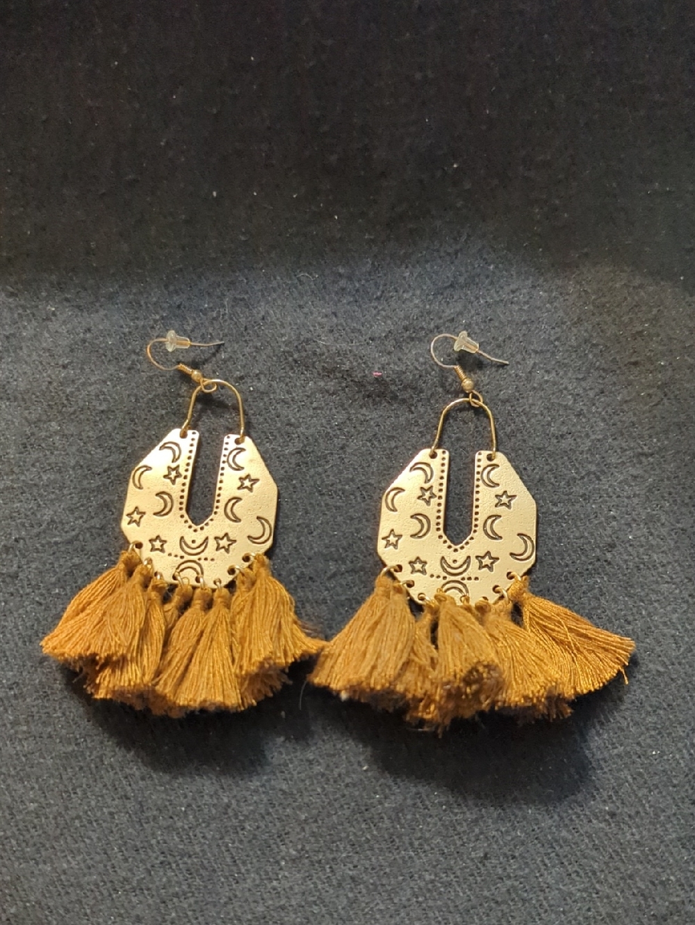 Gold Tone Boho Moon And Star Brown Silk Tassel Dangle Statement Earrings